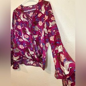 Women’s long sleeve blouse, silk-like, size small, colorful, flair sleeves